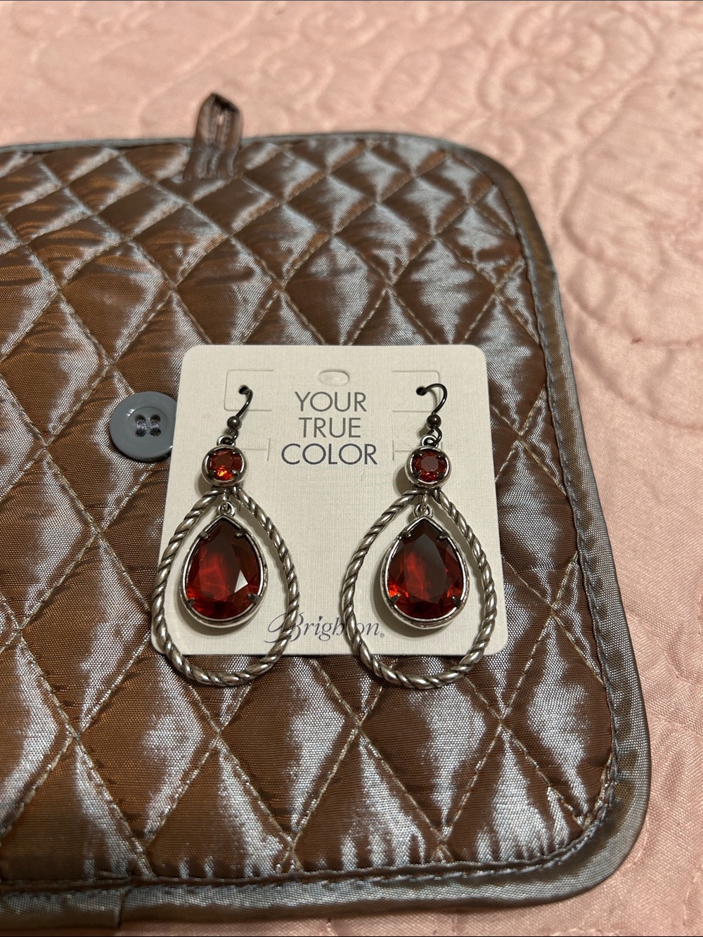 Brighton Red Teardrop Stone Earrings with Quilted Pouch